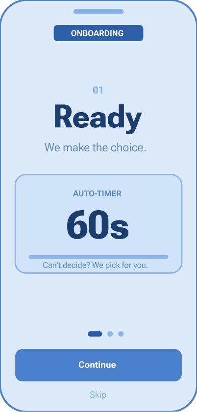 Onboarding step 1: Ready — auto-timer 60s, we make the choice